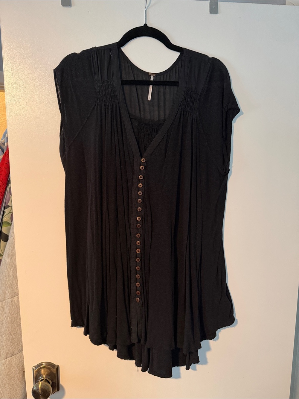 Free People Black Button-Front Flowy V-Neck Top